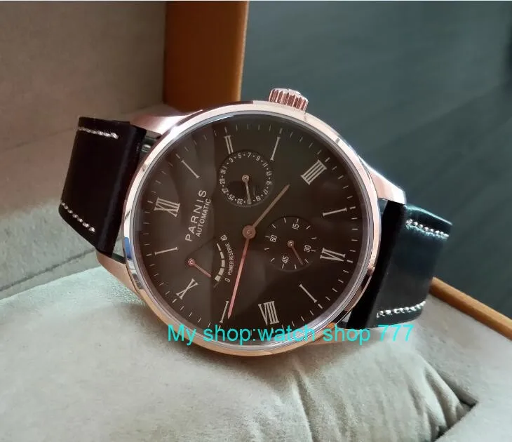 PARNIS 40mm white dial Automatic Self-Wind movement power reserve men's watch Auto Date Mechanical