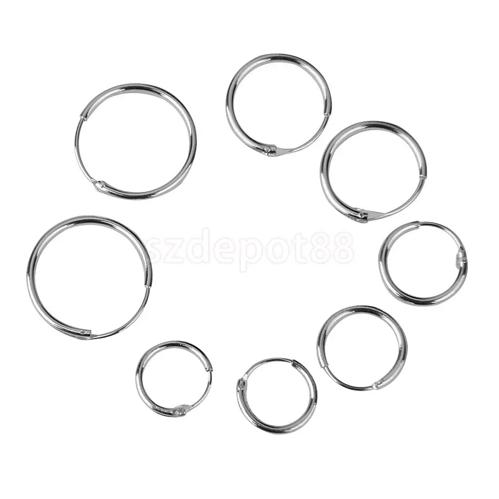 

4 Pairs Silver Endless Round Hoop Sleeper Earrings 8 10 12 14mm