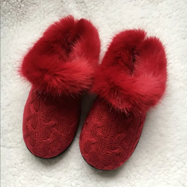 Women's Soft Yarn Cable Knitted Faux Fur Collar Slip On Slippers Memory Foam Anti-Skid Sole House Slipper Shoes (9)
