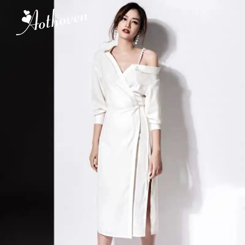 

2019 Spring New Women Solid Casual Sexy Dress One-Shoulder Long Sleeve Club Party Dress White Mid Calf Dress Vintage Vestidos
