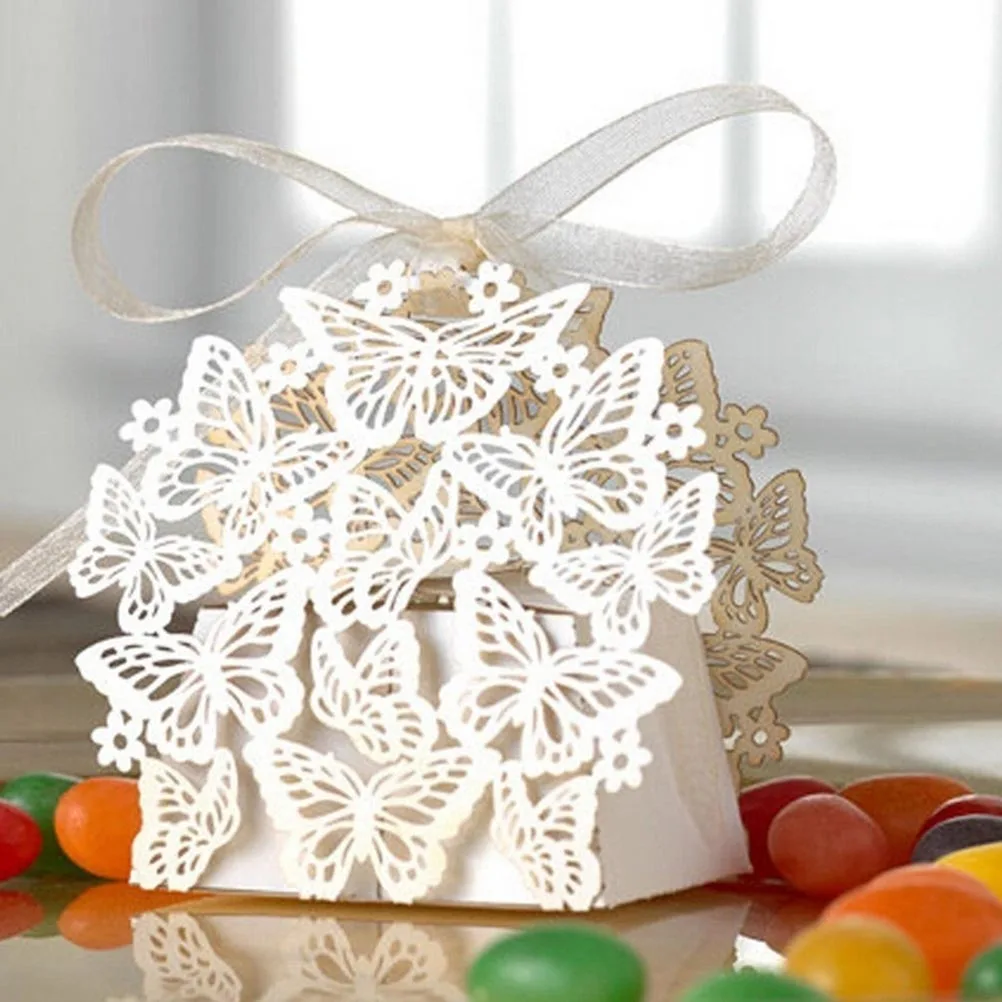 10 шт./компл. 3D коробка для сладостей с бабочкой свадебные сувениры Декор DIY конфеты печенье подарочные коробки Свадебная коробочка для конфет на вечеринку с лентой