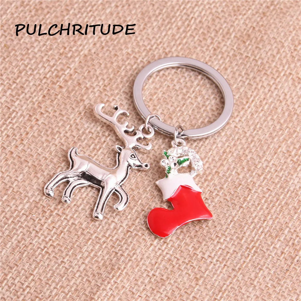 

PULCHRITUDE 3pcs Silver Drop Oil Socks Christmas Tree Deer Snowflakes Bells Charm Pendant Key Chain Fit Diy Jewelry Making c2032