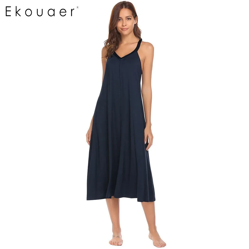 Ekouaer Women Casual Nightgown Nightdress Cotton Sleeveless V-neck ...