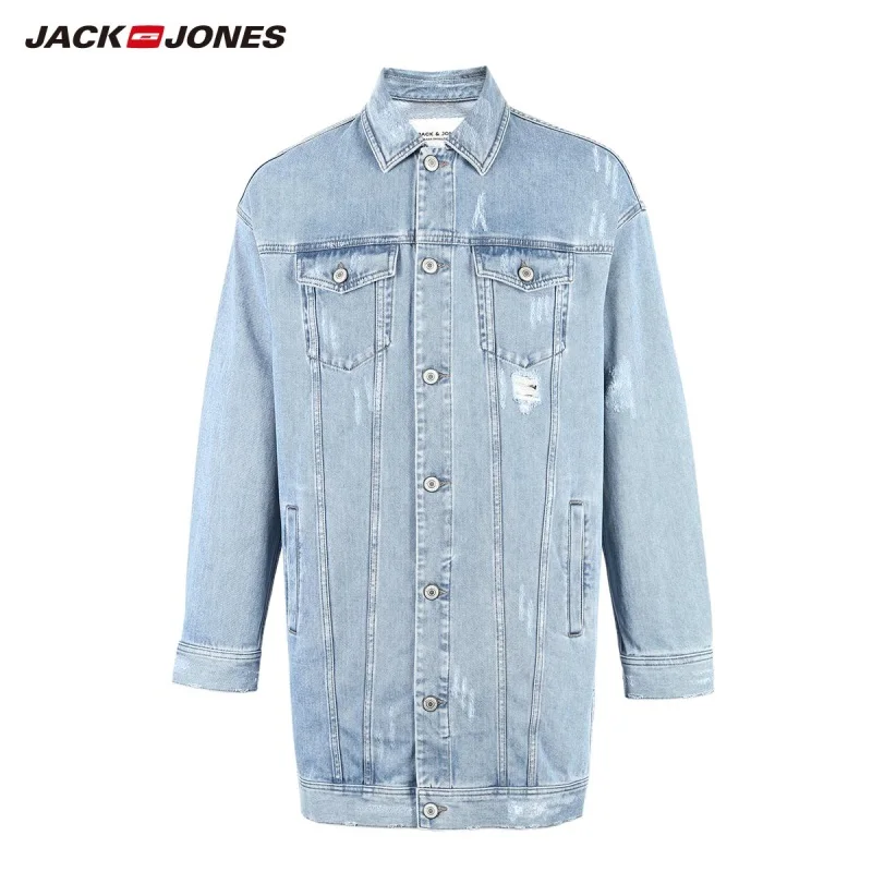 JackJones мужской хлопок средней длины рваные джинсовые пальто Длинная Куртка 219157527 - Цвет: DENIM BLUE