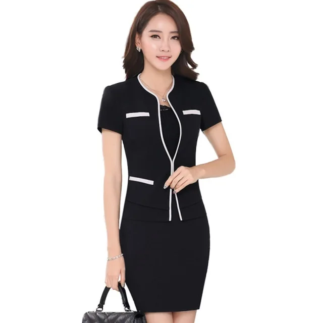 

2018 New professional set women short sleeve suit skirt formal slim work wear fashion ladies office plus size blazer with skirt