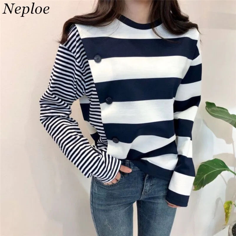 

Neploe Panelled Striped Patchwork Tees Women Button O-neck Slim Chic T shirt Long Sleeve Autumn New Casual Lady T-Shirts 68395