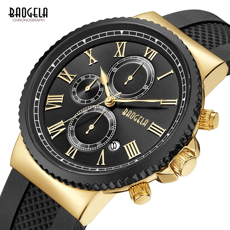 

BAOGELA Men's Silicone Strap Chronograph Watches Fashion Analogue Quartz Wrist Watch for Man Balck Gold Roman Numerals 1708Black