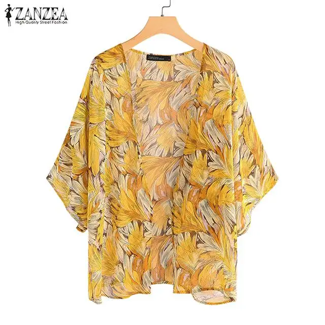 

2019 ZANZEA Women Summer Cardigan Beach Bikini Covers Up Ladies Bohemian Floral Printed Kimono Long Shirts Tunic Tops Plus Size