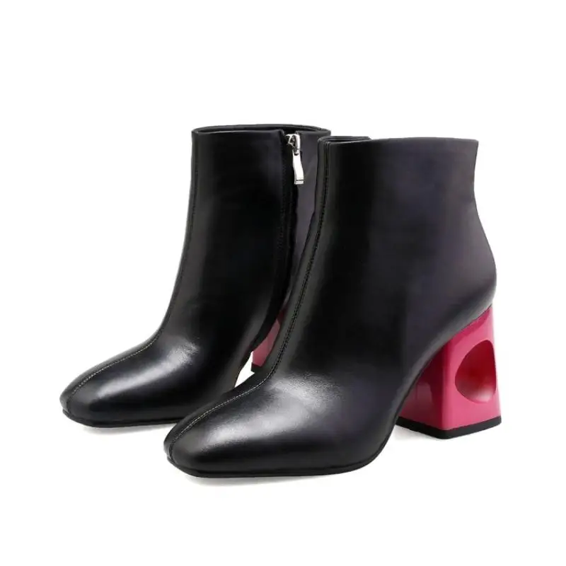 

Black White Real Leather Ankle Boots For Women Chic Square Toe Rose Red Fretwork Heels Ladies Booties Winter Shoes Woman Runway