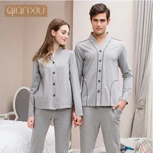 Зимний пижамный комплект для женщин, чистый хлопок, большой размер, эластичные пижамы для влюбленных, v-образный вырез, длинный рукав, вентиляция, зимняя Пижама