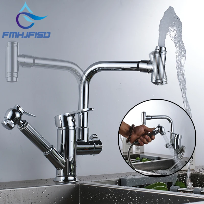 

Kitchen Sink Faucet Chrome Finish Deck Mount Mixer Tap with Pull out 360 Degree Rotation Hot and Cold Water Tap