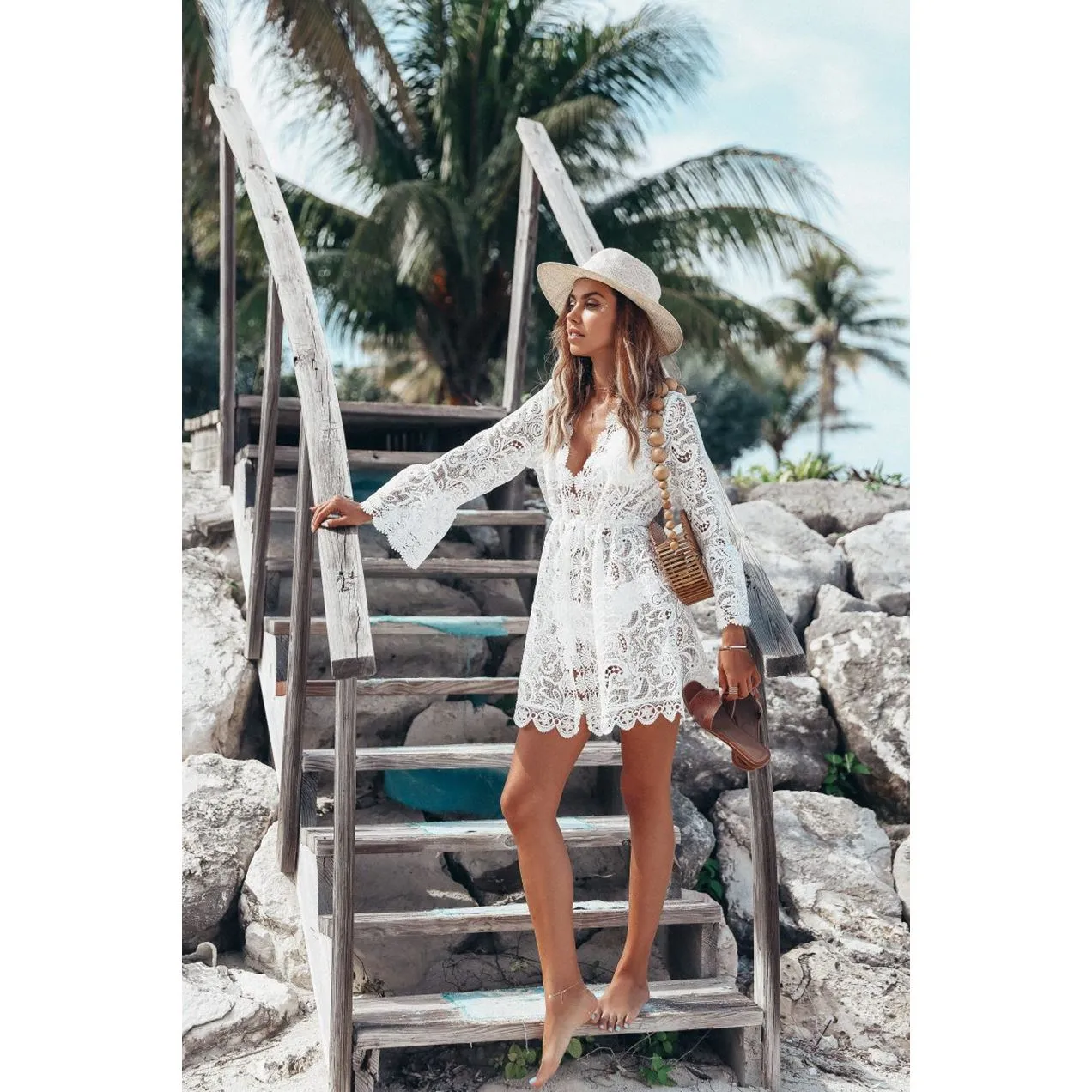 

2019 Women White Lace Mini Dresses Summer Sexy Hollow Out V Neck Party Beach Mesh Dress Flare Sleeve Vestidos