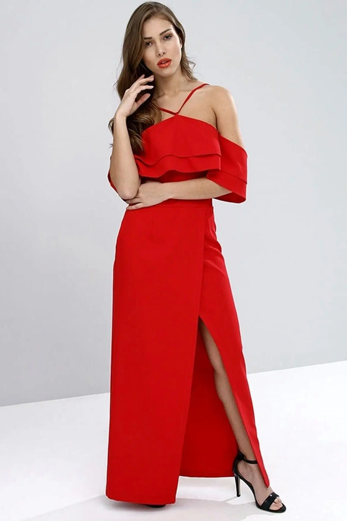 Boutiquen Kad n K rm z st Volanl Y rtma l Abiye Elbise 10548Y 