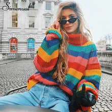 Simenual-suéteres de cuello alto de arcoíris para mujer, suéteres de Invierno para mujer, jerséis de punto, ropa de moda a rayas de gran tamaño, venta 2021