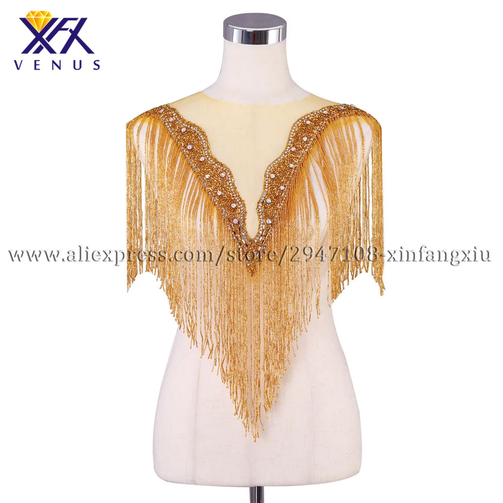 

XFX VENUS 5 PIECES gold wedding embroidered crystal beaded tassels style deep V-neck collar with fashion beaded applique 5pcs