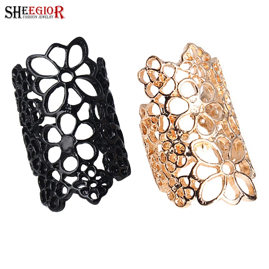 

SHEEGIOR Korean Hollow Flower Long Rings for Women Fashion Jewelry Lovely Gold Black Alloy Men Ring Accessories Bague Femme Gift