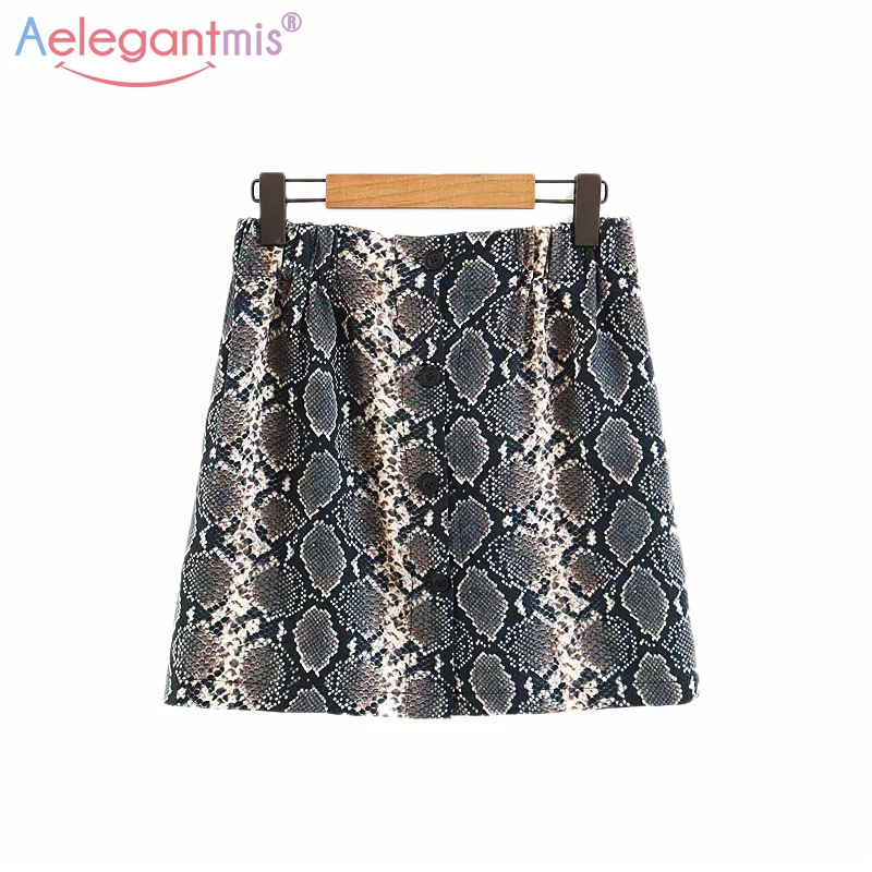 

Aelegantmis Women Vintage Snake Print Mini Skirt Fashion Retro High Waist Spring Skirt Ladies Casual A-line Short Skirts