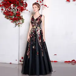 Сексуальное черное кружевное вечернее платье 2018 Новая Мода Цветочные Цветы Узор длинное платье для выпускного вечера v-образный вырез без