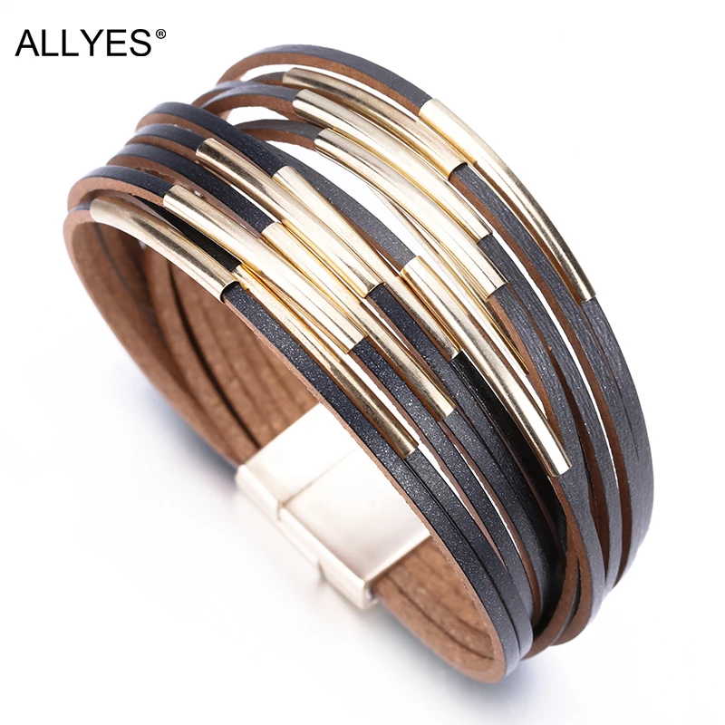 

ALLYES Slim Strips Leather Bracelets For Women 2019 Fashion Metal Charm Boho Wrap Multilayer Wide Bracelet Femme Jewelry