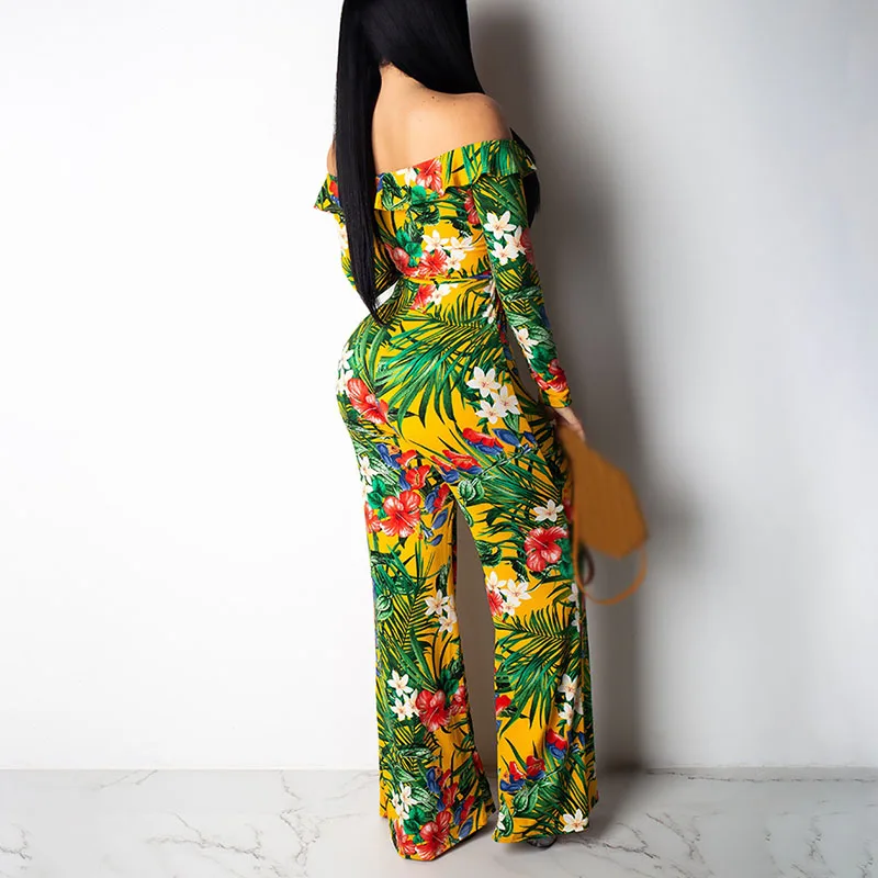 Womens Jumpsuits Ladies Party Summer Floral Print Beach Lace Up Overall Off Shoulder Casual