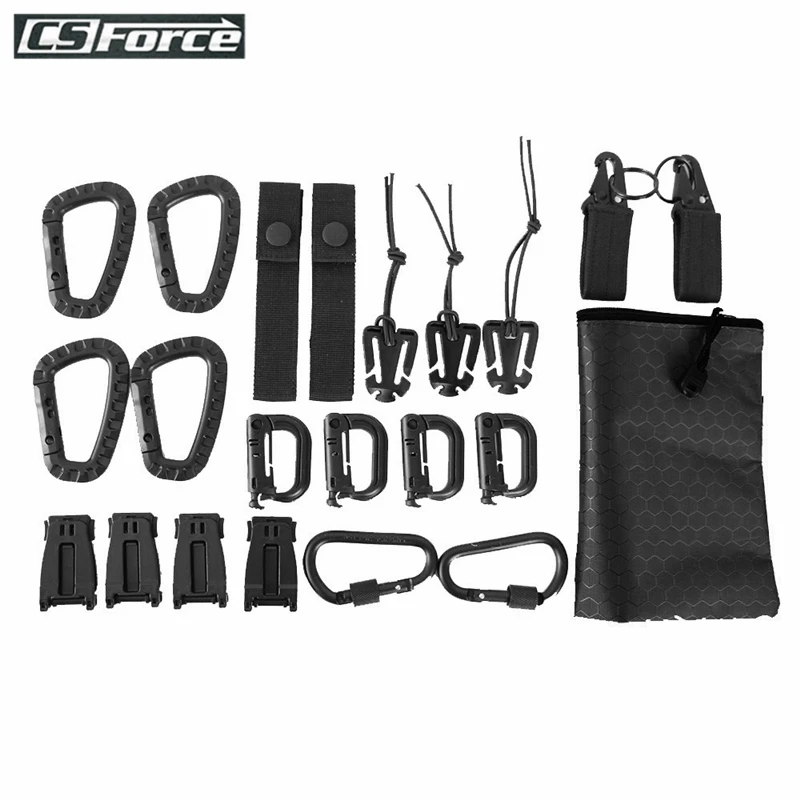 Koop 22 Pcs Tactical Gear Clip Molle Bijlagen D Ring Karabijnhaak Clip Grimlock Molle Singels Sleutelhanger Riem Elastische Strings tool Set