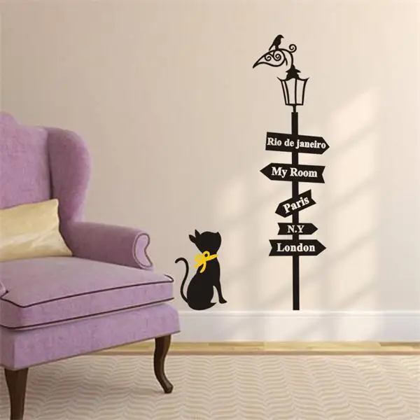 С милым рисунком кота, в соответствии с уличный светильник виниловые наклейки на стену DIY украшения дома мультфильм наклейки на стену для детской комнаты обои