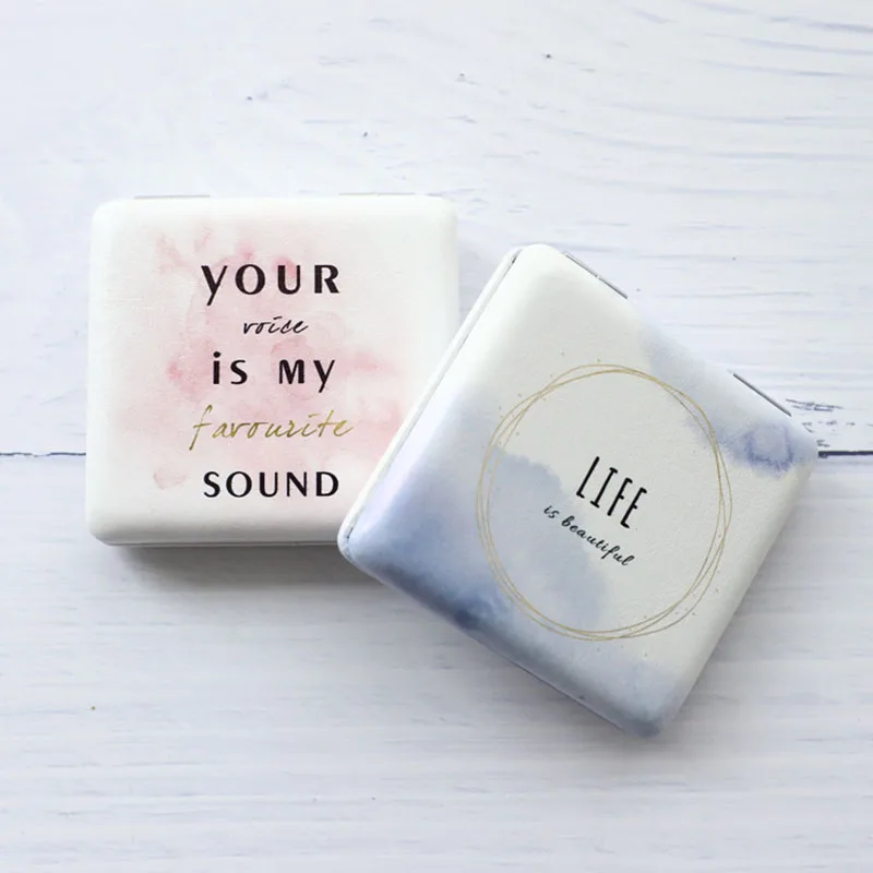 

1PCS Cute Makeup Mirror Square Printed Letters PU Leather 1:2 Magnifier Make up Mirrors Girl 2-Face Cosmetics Mirror espejos