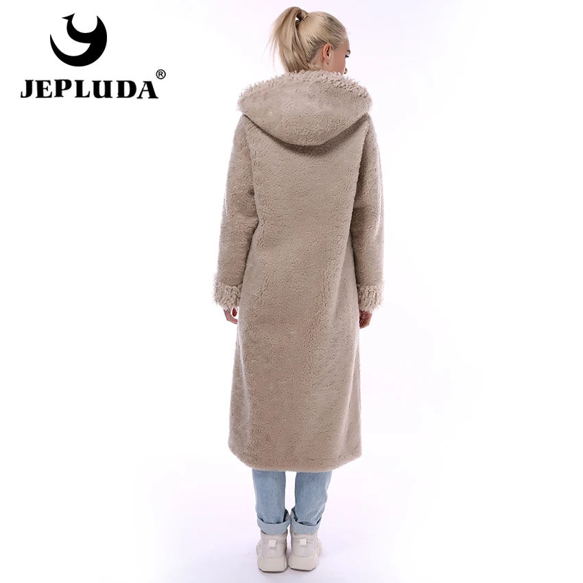 JEPLUDA 100% Натуральный Шерсть Пальто Женское Зимнее с Капюшон Молния Длинная