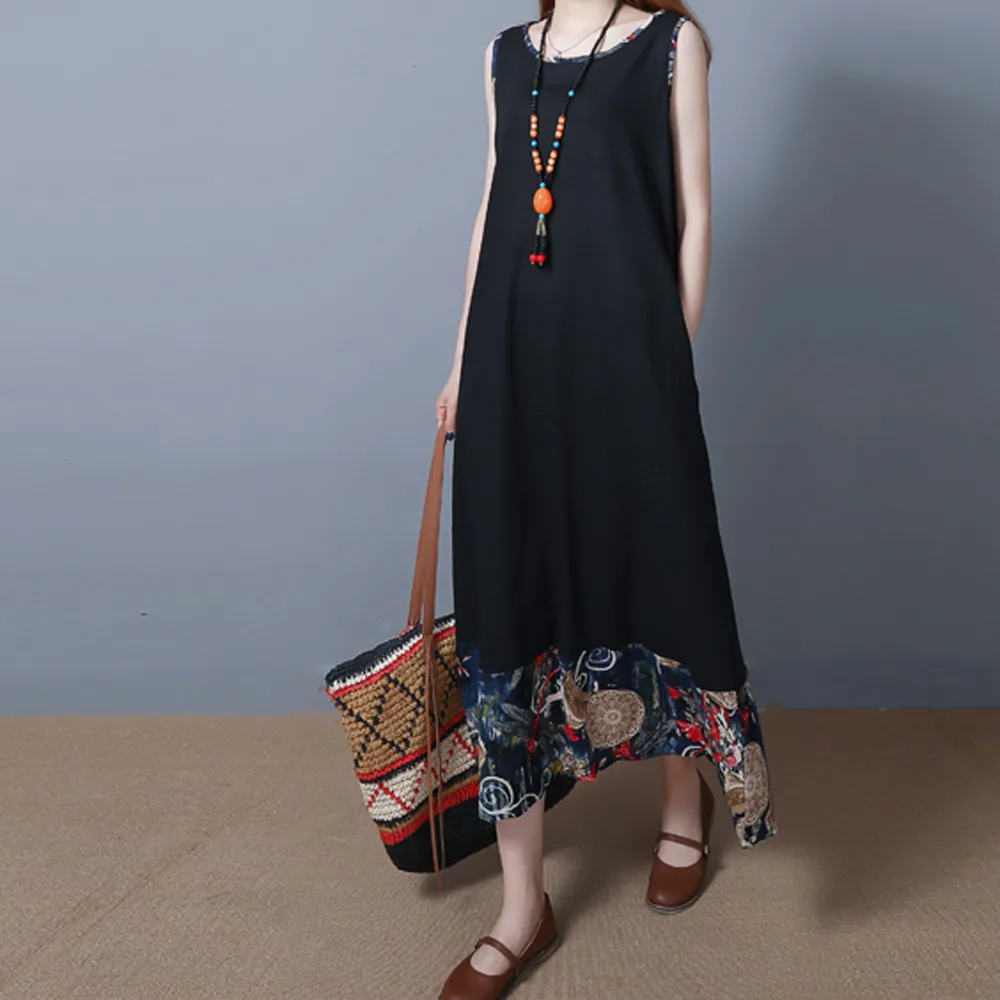 

Maternity clothes Large size ethnic style loose cotton and linen vest long sleeveless dress vestido largo