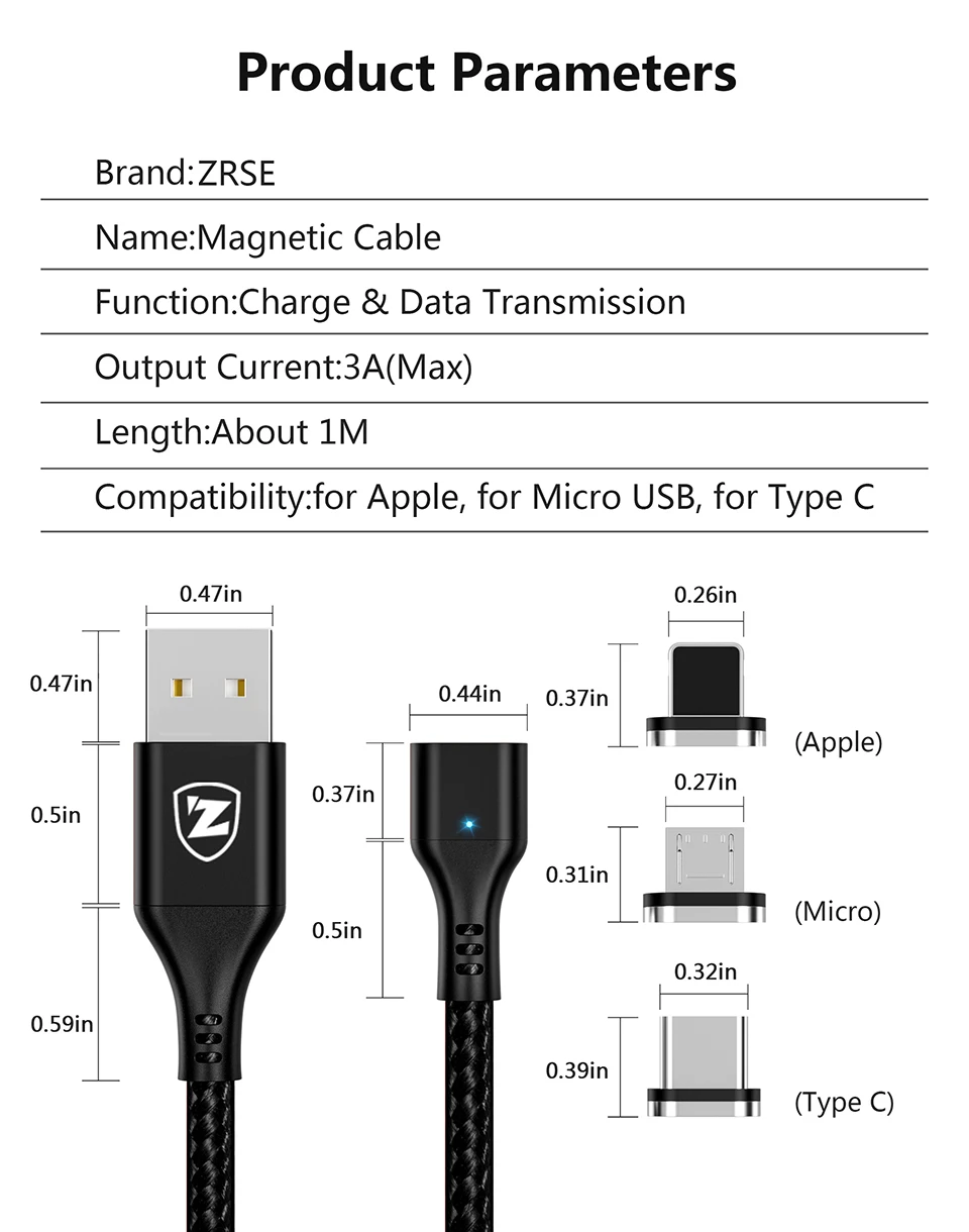 ZRSE Магнитный Micro Usb кабель для Iphone samsung 3A Быстрая зарядка данных провод шнур магнит Зарядное устройство Usb type C кабель для мобильного телефона