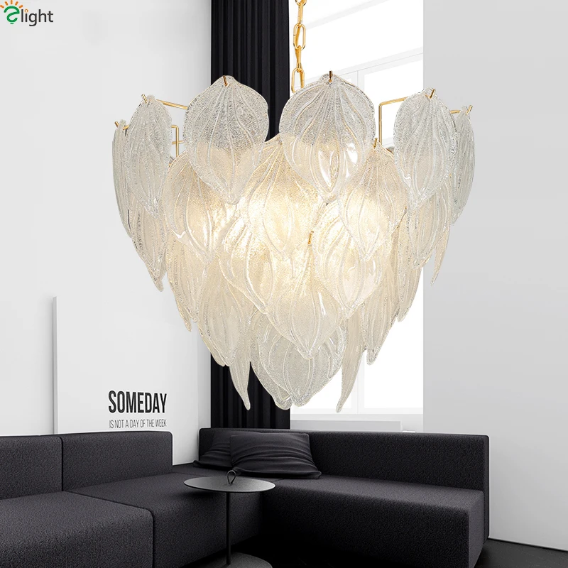 Modern Glass Leaf Led Chandeliers Lighting Gold Metal Living Room Led