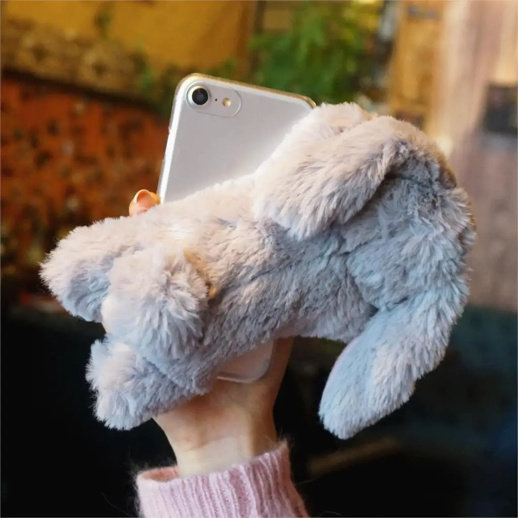 

Bunny Phone Case for iPhone XS Max XR X Rabbit Furry Plush Lovely Cover for iPhone 6 6S 7 8 5s SE Rotatable Warm Cover Cases