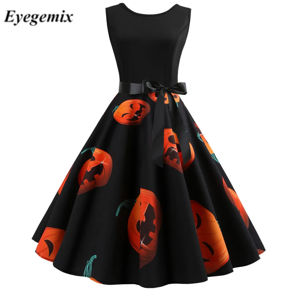 

Skull Pumpkin Print Halloween Dress 2019 Summer 50s 60s Robes Vintage Pinup Rockabilly Nightmare Before Christmas Party Dresses