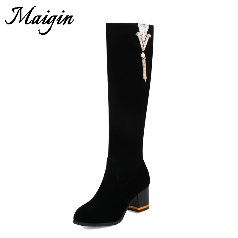 Maigin 2018 Winter Women Knee High Boots Round Toe Cow Suede Bootie Woman Fring Crystal Ladies Shoes Big Size 34-43 Footwear