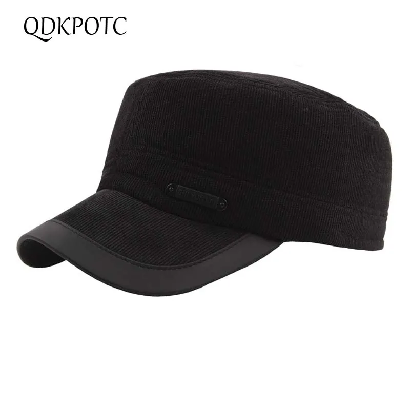 

QDKPOTC High Quality Middle Aged Men's Baseball Cap Corduroy Flat Top Hat Adjustable Flat Cap Autumn Winter Keep Warm Dad Hats