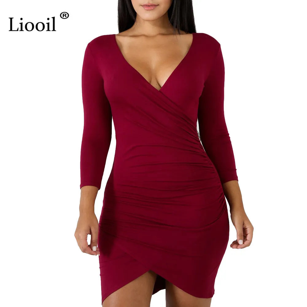 

Liooil Draped Bodycon Mini Dress Women Autumn Winter V Neck Long Sleeve Black White Red Sexy Clubwear 2019 Dress Party Dresses