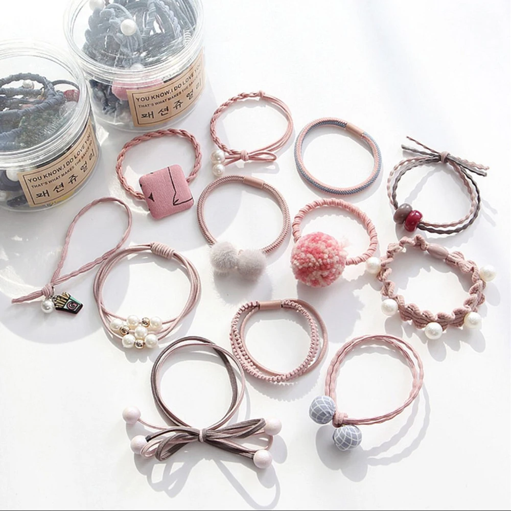 

12 Pcs/1 Bottle Fashion Hair Ropes Women Ribbon Bowknot Elastic Hair Band Pom Ball Pearl Hair Ties Girls Hair Accessories