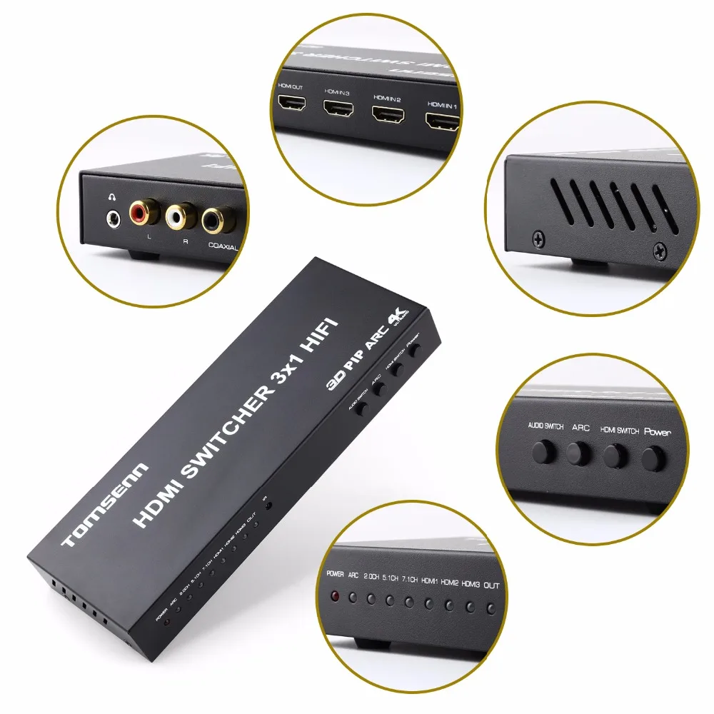 Переключатель hdmi 4k x 2k 3 порта 3x1 с Toslink/коаксиальный/оптический экстрактор Sup Port s ARC