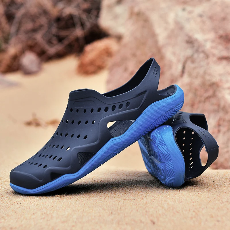 

Men Summer Sea Water Walking Plastic TPU Soft Hard Wearing Support Light Blue Dark Gray Black Trends Hollow Out Sport Sandals
