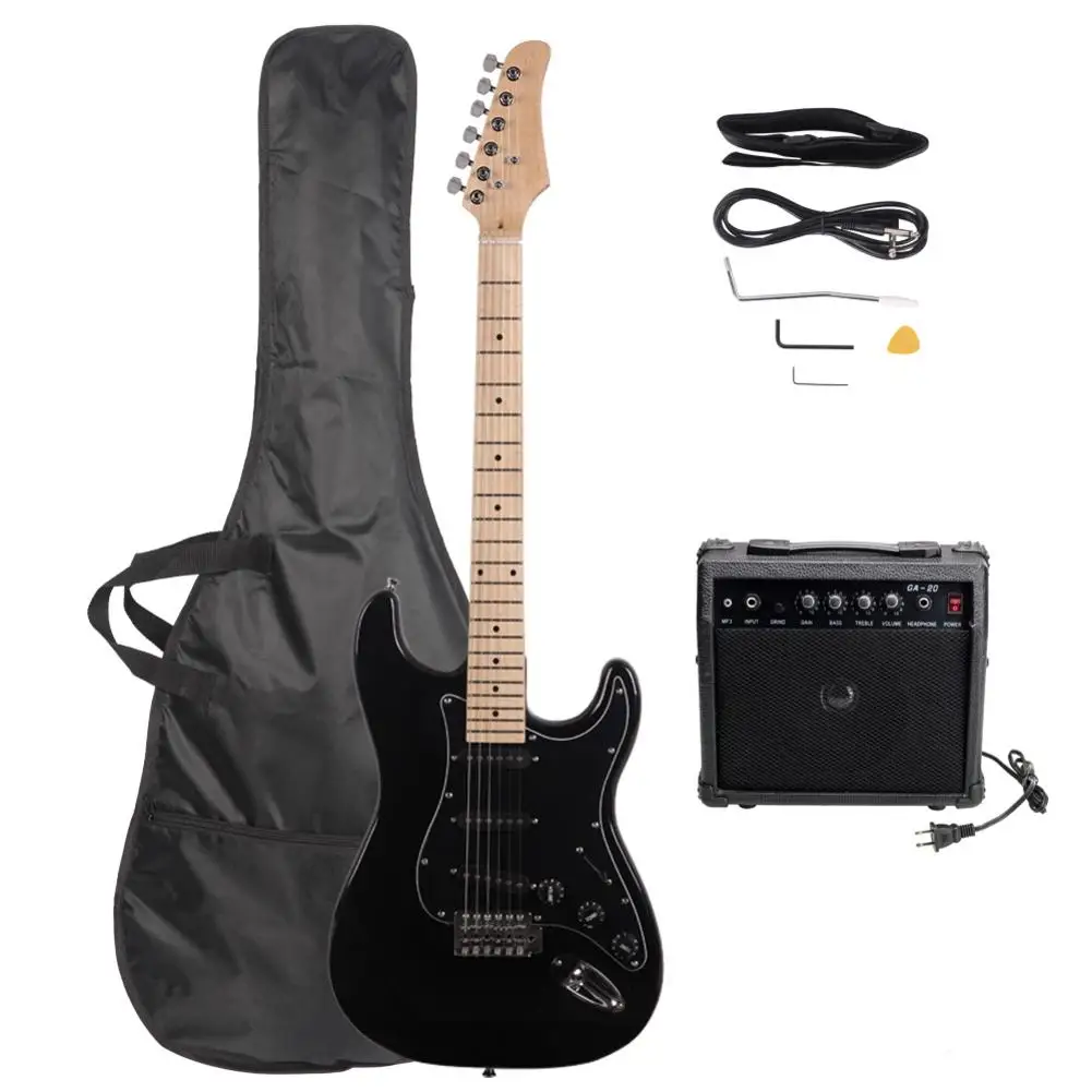 

Professional ST Electric Guitar Set Stylish Black Pickguard Electric Guitarra with Amplifier Carry Bag for Both Children & Adult