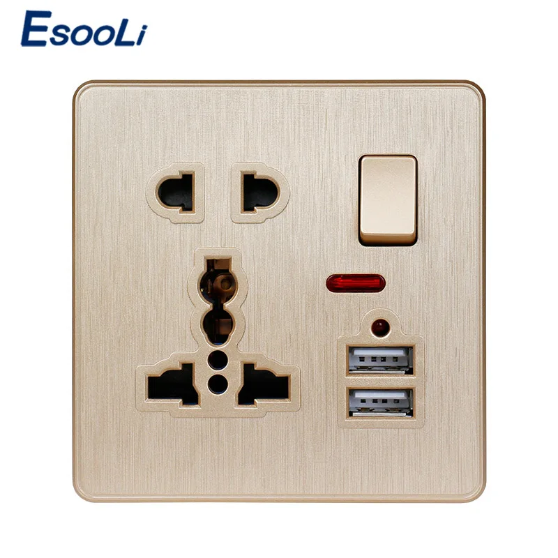 

Esooli Wall Power Socket 13A Universal 5 Hole Switched Outlet 2.1A Dual USB Charger Port LED indicator