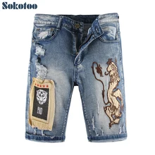 Sokotoo для мужчин по колено Лев вышивка заплатки шорты плюс размеры лоскутное отверстие синий рваные джинсы