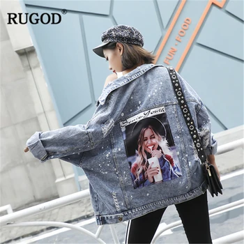 

RUGOD 2019 New Arrival Autumn Women Detachable Cap Denim Jacket Back Character Print Hollow Out Splash Ink Coat Korean Stylish