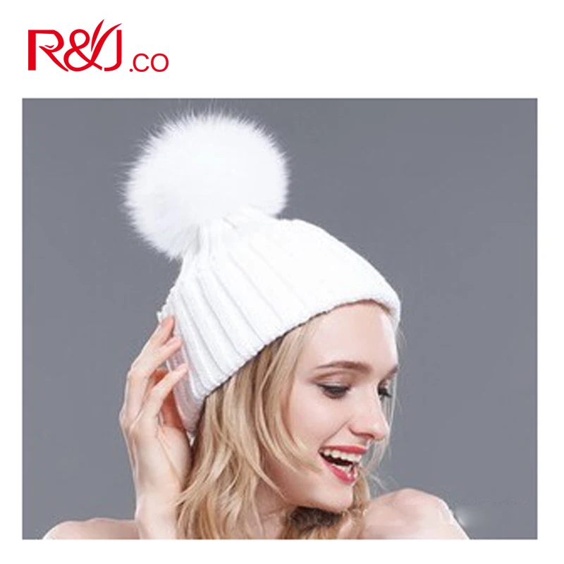 

Winter Big Real Fox Hair Ball Cap Knitting Wool Thickening Pom Pom Hat