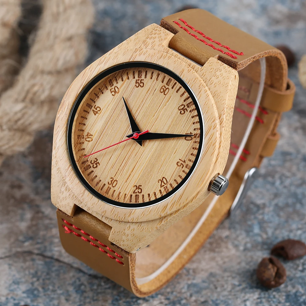 

Bamboo Wooden Watch Casual Sport Wrist Watch Mens Nature Minimalist Creative Genuine Leather Band Strap relogio masculino