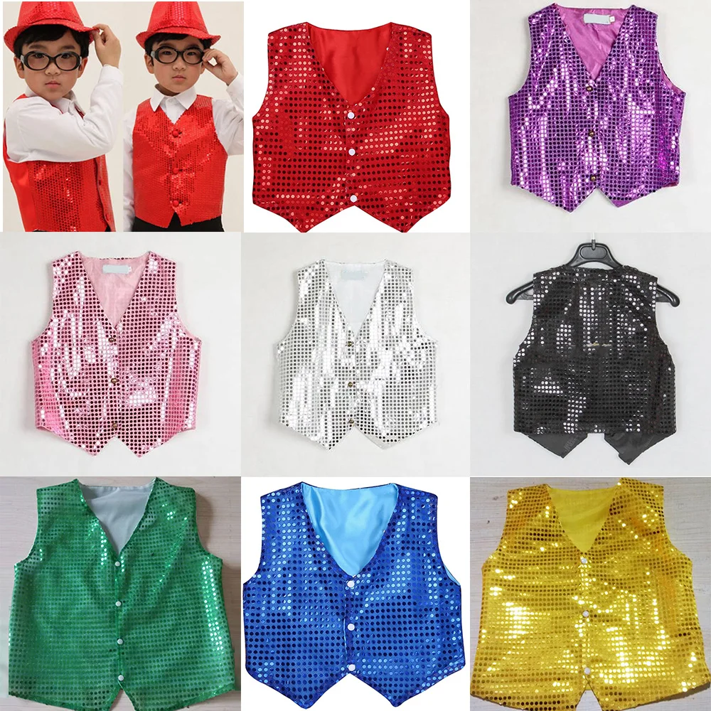 

Boys & Girls Sequin Dance Vest Waistcoat Show Costumes Dancewear Fashion Kids Top Ballo Children Sequined Outfit Modern Tops