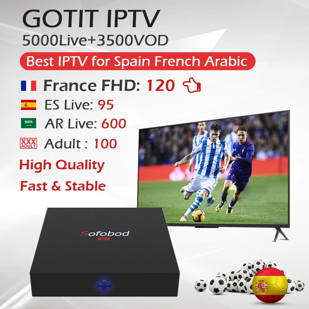 Sofobod R1 Android tv Box WiFi 4K 1 год Испанский Французский IP tv подписка GOTIT IP tv 5000Live+ 3500VOD Movistar цифровое испанское ТВ