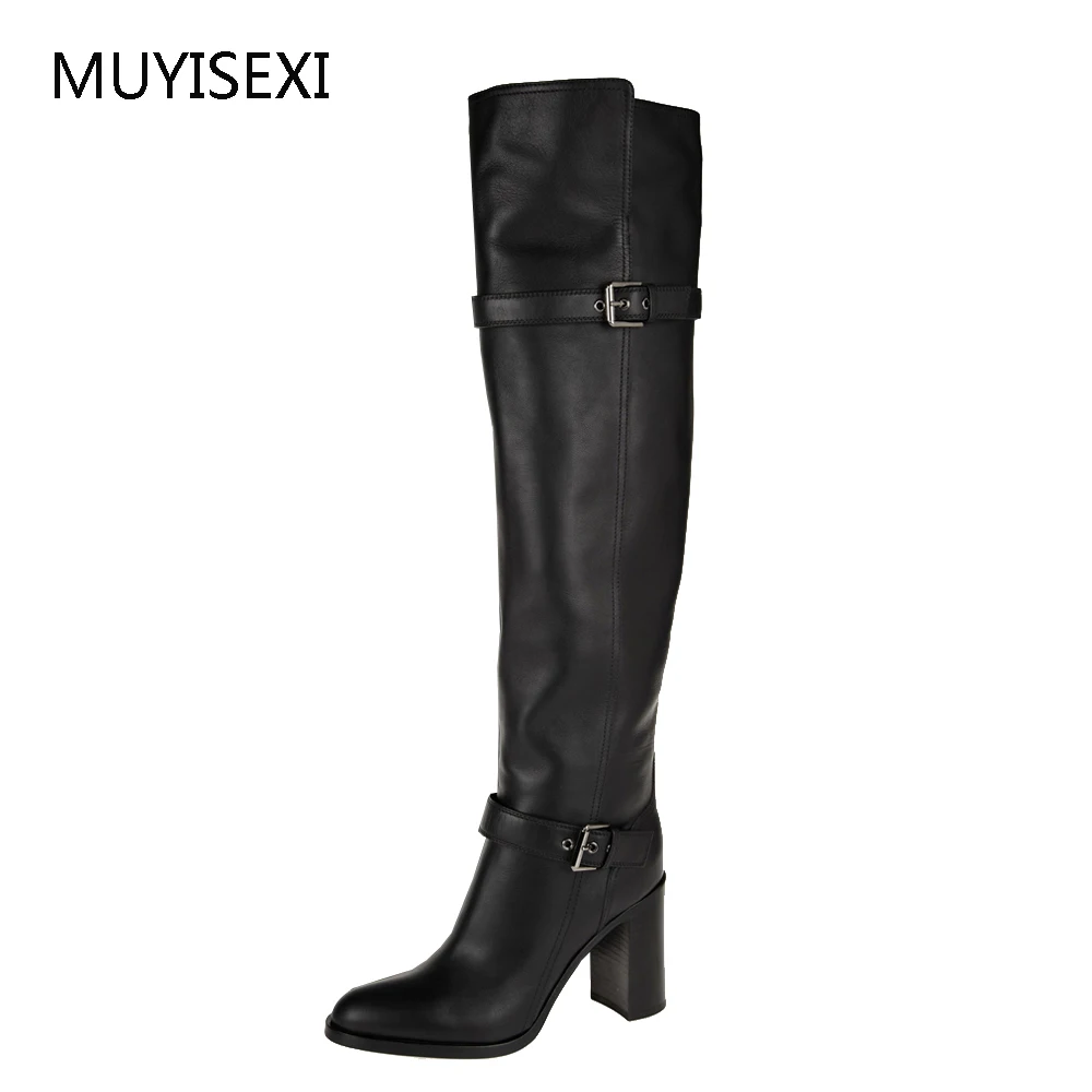 Koop Over de Knie Laarzen Zwart Lederen + PU Dij Hoge Laarzen Vrouwen Winter Knie Hoge Laarzen plus size 34 43 BH04 MUYISEXI