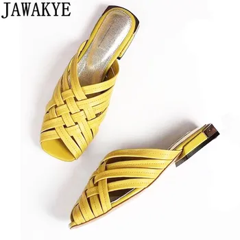 

Cut outs slippers women peep toe real leather summer mules shoes fashion new crossover weave shoes women runway style flipflps