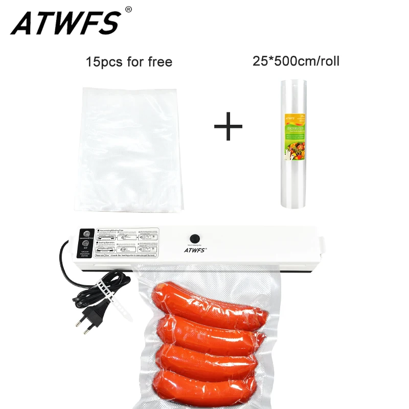  ATWFS Food Vacuum Sealer Packaging Packing Machine Vacuum Packer 25*500cm/roll and 15pcs Vacuum Bag
